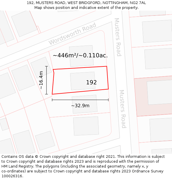 192, MUSTERS ROAD, WEST BRIDGFORD, NOTTINGHAM, NG2 7AL: Plot and title map