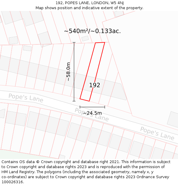 192, POPES LANE, LONDON, W5 4NJ: Plot and title map