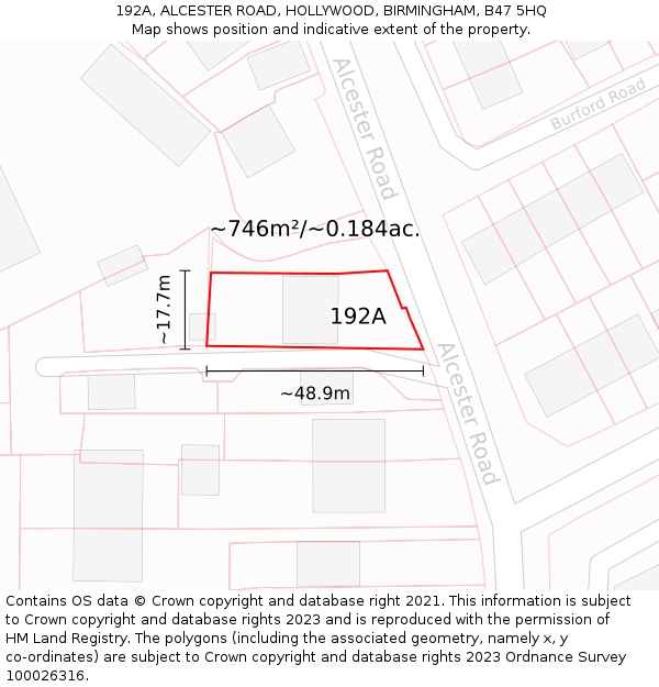 192A, ALCESTER ROAD, HOLLYWOOD, BIRMINGHAM, B47 5HQ: Plot and title map