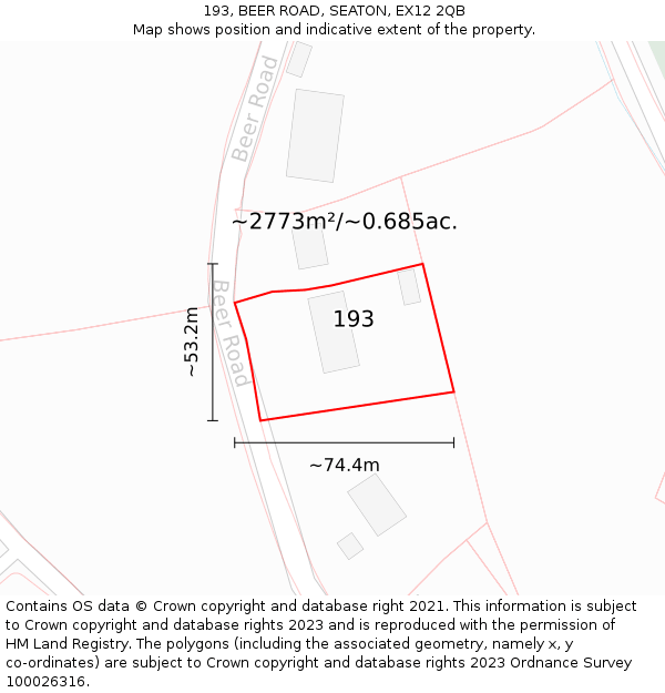 193, BEER ROAD, SEATON, EX12 2QB: Plot and title map