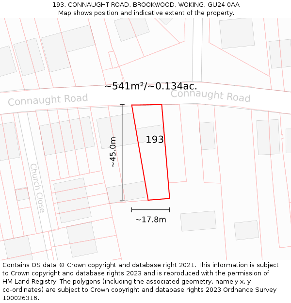 193, CONNAUGHT ROAD, BROOKWOOD, WOKING, GU24 0AA: Plot and title map