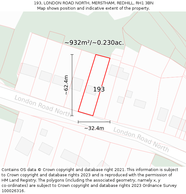 193, LONDON ROAD NORTH, MERSTHAM, REDHILL, RH1 3BN: Plot and title map