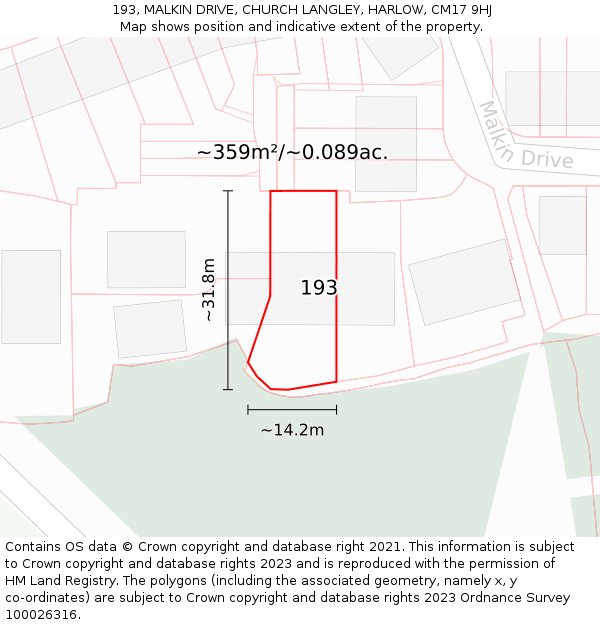 193, MALKIN DRIVE, CHURCH LANGLEY, HARLOW, CM17 9HJ: Plot and title map