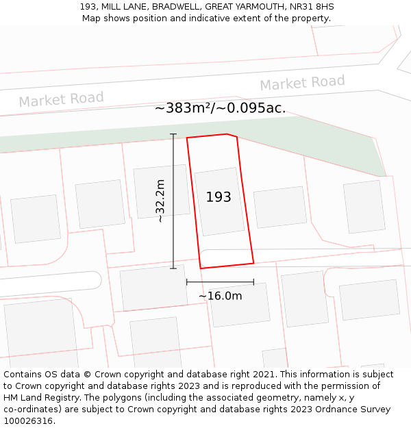 193, MILL LANE, BRADWELL, GREAT YARMOUTH, NR31 8HS: Plot and title map