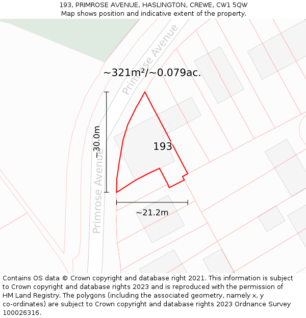 193, PRIMROSE AVENUE, HASLINGTON, CREWE, CW1 5QW: Plot and title map