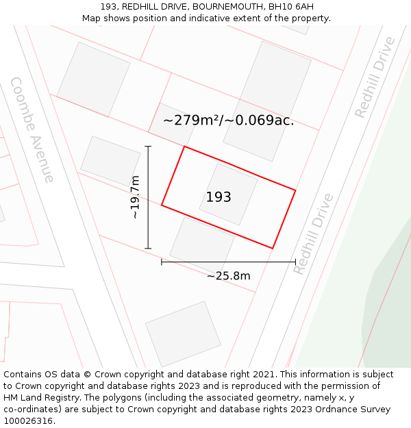 193, REDHILL DRIVE, BOURNEMOUTH, BH10 6AH: Plot and title map