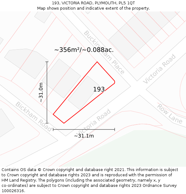 193, VICTORIA ROAD, PLYMOUTH, PL5 1QT: Plot and title map