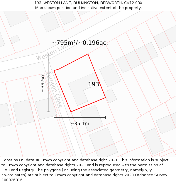 193, WESTON LANE, BULKINGTON, BEDWORTH, CV12 9RX: Plot and title map