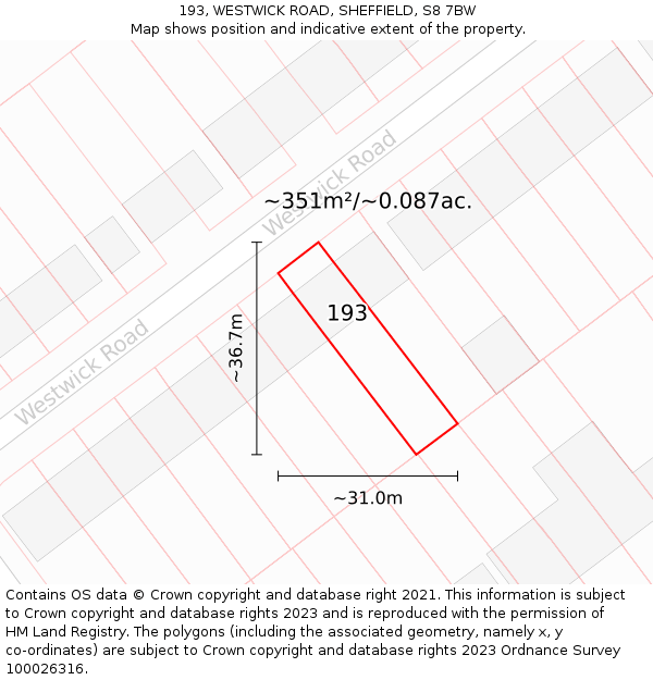 193, WESTWICK ROAD, SHEFFIELD, S8 7BW: Plot and title map