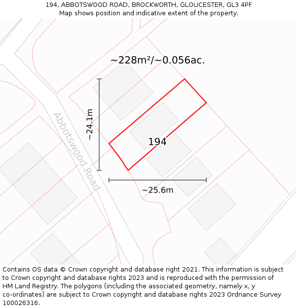 194, ABBOTSWOOD ROAD, BROCKWORTH, GLOUCESTER, GL3 4PF: Plot and title map