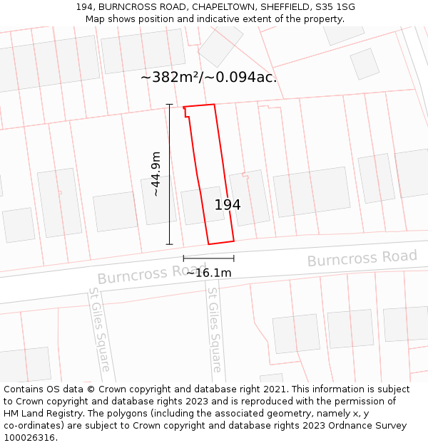 194, BURNCROSS ROAD, CHAPELTOWN, SHEFFIELD, S35 1SG: Plot and title map