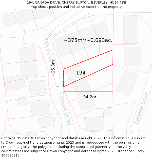 194, CANADA DRIVE, CHERRY BURTON, BEVERLEY, HU17 7SB: Plot and title map