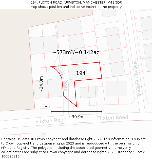 194, FLIXTON ROAD, URMSTON, MANCHESTER, M41 5DR: Plot and title map