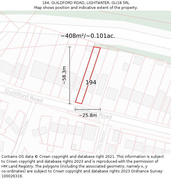 194, GUILDFORD ROAD, LIGHTWATER, GU18 5RL: Plot and title map