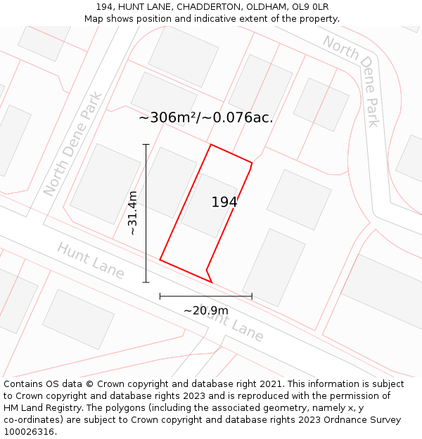 194, HUNT LANE, CHADDERTON, OLDHAM, OL9 0LR: Plot and title map