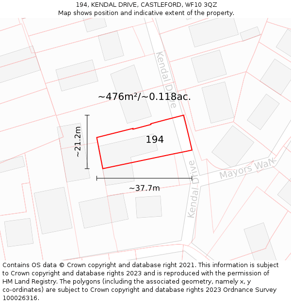 194, KENDAL DRIVE, CASTLEFORD, WF10 3QZ: Plot and title map