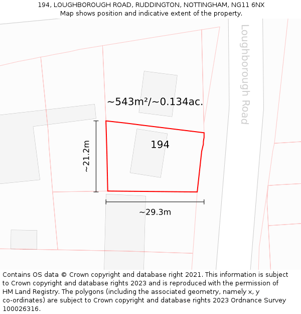 194, LOUGHBOROUGH ROAD, RUDDINGTON, NOTTINGHAM, NG11 6NX: Plot and title map