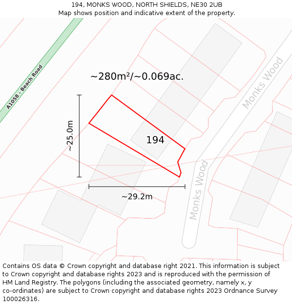 194, MONKS WOOD, NORTH SHIELDS, NE30 2UB: Plot and title map