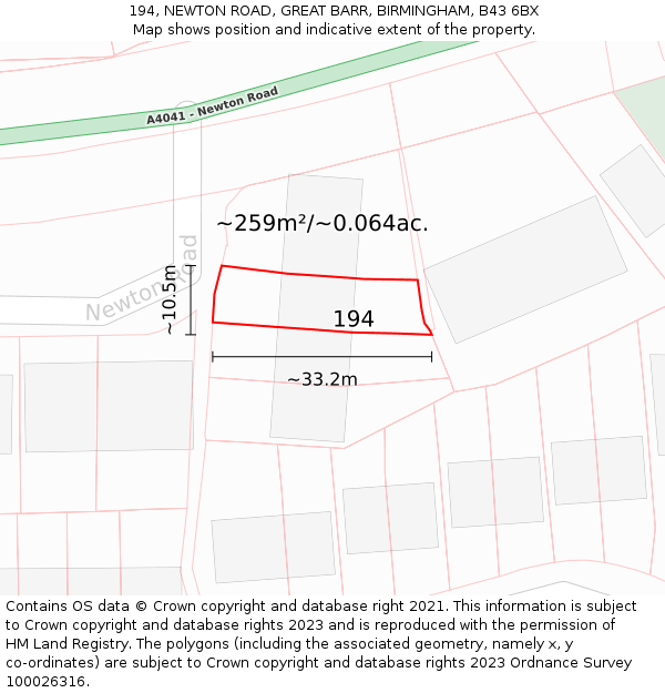 194, NEWTON ROAD, GREAT BARR, BIRMINGHAM, B43 6BX: Plot and title map