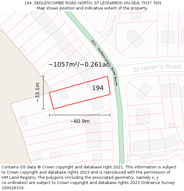 194, SEDLESCOMBE ROAD NORTH, ST LEONARDS-ON-SEA, TN37 7EN: Plot and title map