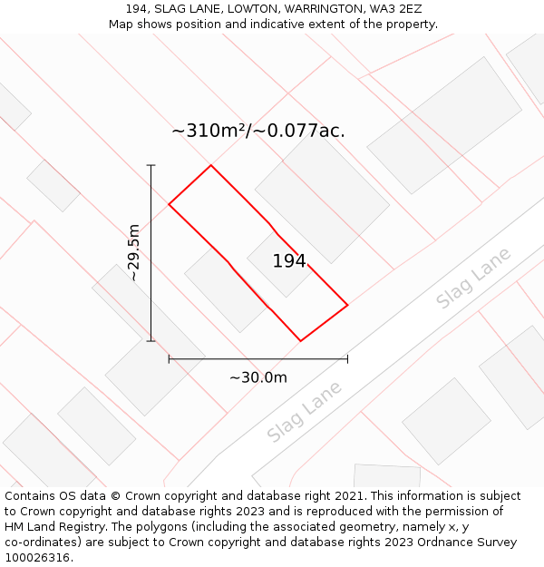 194, SLAG LANE, LOWTON, WARRINGTON, WA3 2EZ: Plot and title map