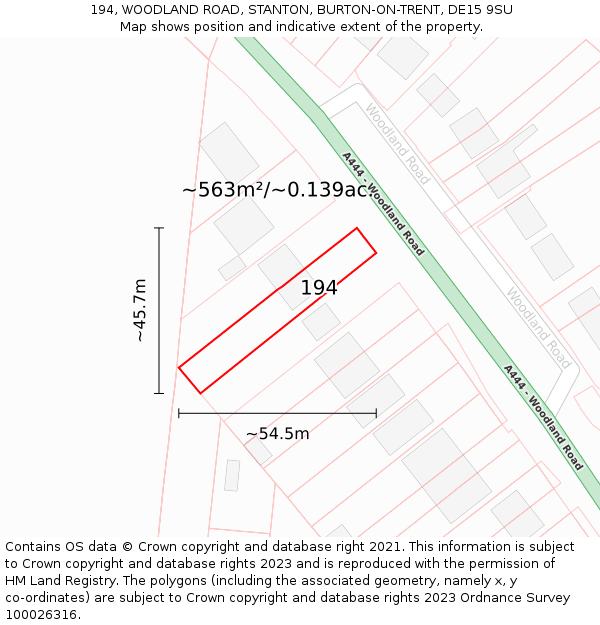 194, WOODLAND ROAD, STANTON, BURTON-ON-TRENT, DE15 9SU: Plot and title map