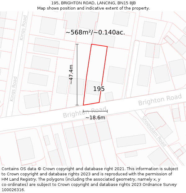 195, BRIGHTON ROAD, LANCING, BN15 8JB: Plot and title map