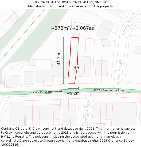 195, CARSHALTON ROAD, CARSHALTON, SM5 3PZ: Plot and title map