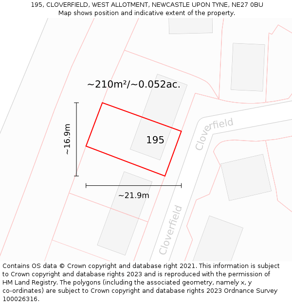 195, CLOVERFIELD, WEST ALLOTMENT, NEWCASTLE UPON TYNE, NE27 0BU: Plot and title map