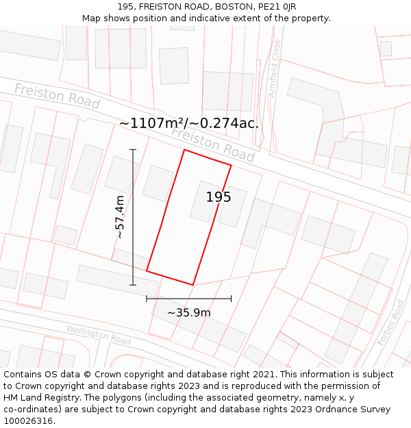 195, FREISTON ROAD, BOSTON, PE21 0JR: Plot and title map