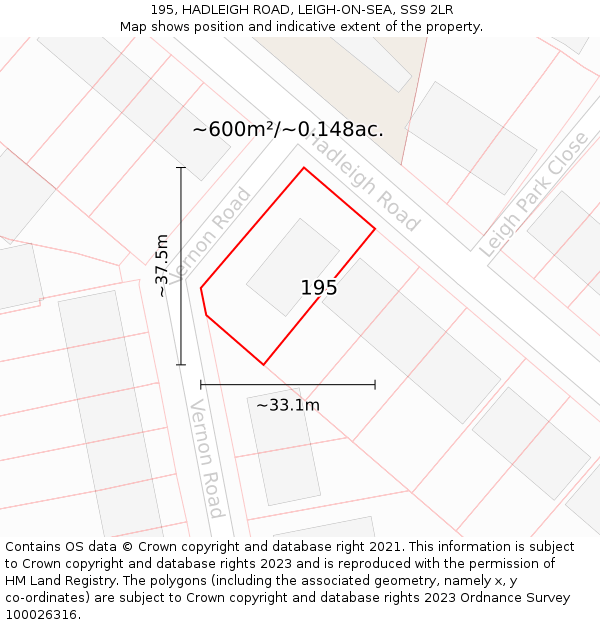 195, HADLEIGH ROAD, LEIGH-ON-SEA, SS9 2LR: Plot and title map