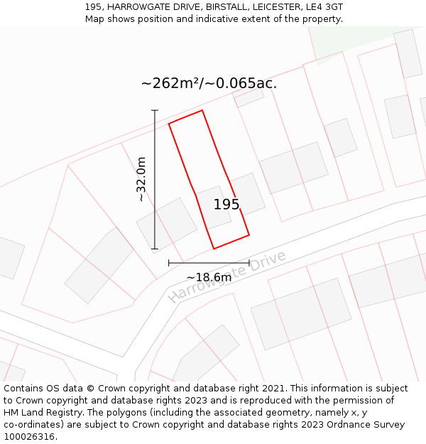 195, HARROWGATE DRIVE, BIRSTALL, LEICESTER, LE4 3GT: Plot and title map