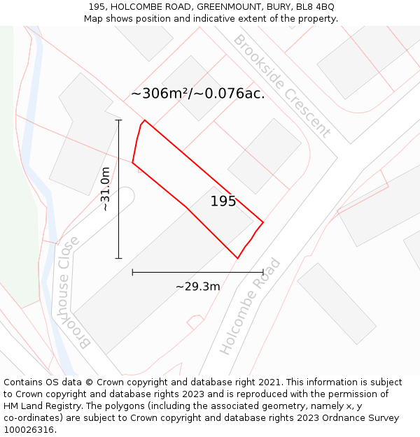 195, HOLCOMBE ROAD, GREENMOUNT, BURY, BL8 4BQ: Plot and title map