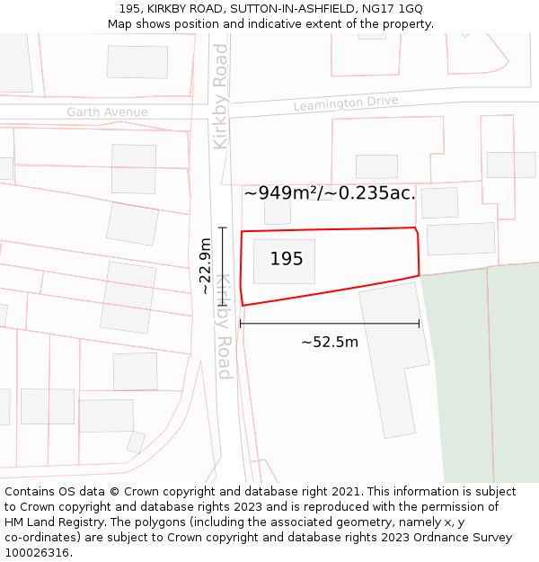 195, KIRKBY ROAD, SUTTON-IN-ASHFIELD, NG17 1GQ: Plot and title map
