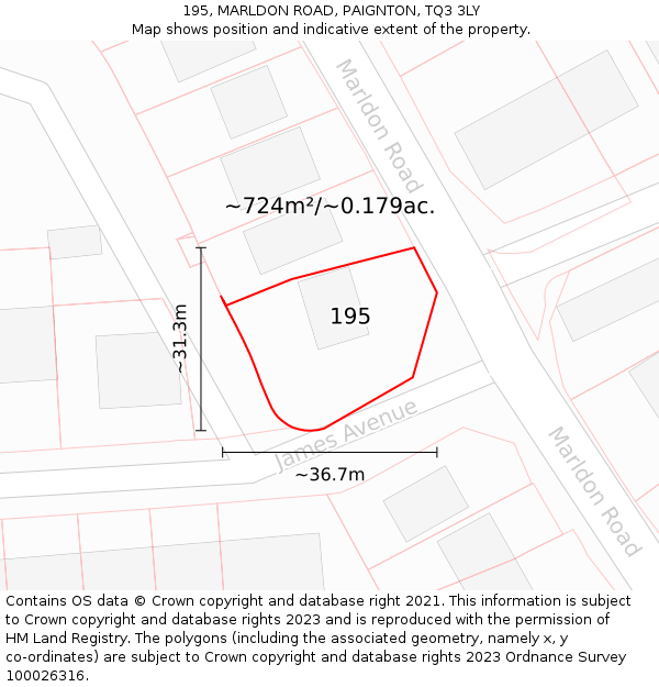 195, MARLDON ROAD, PAIGNTON, TQ3 3LY: Plot and title map