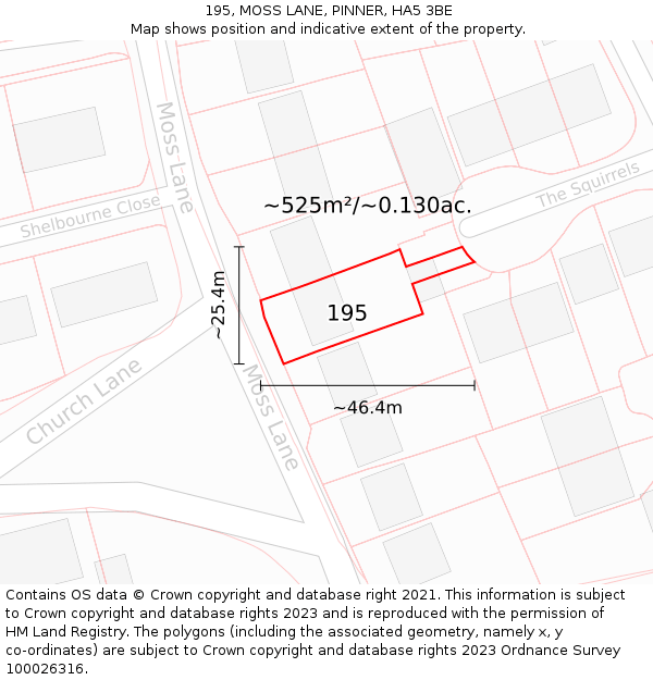 195, MOSS LANE, PINNER, HA5 3BE: Plot and title map