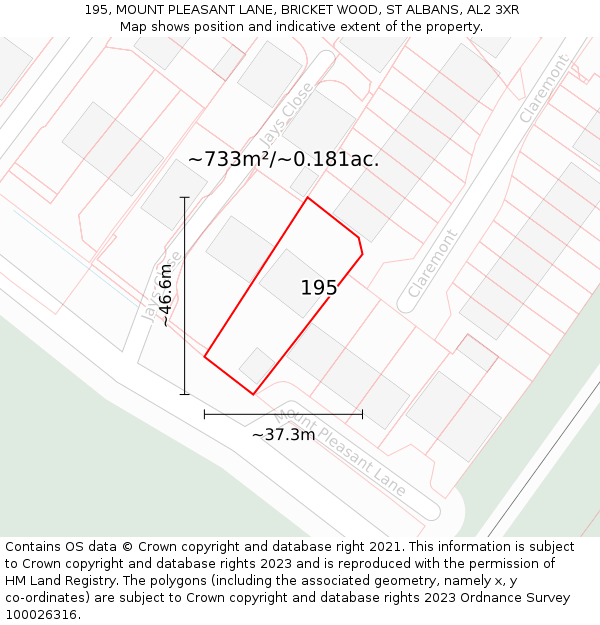 195, MOUNT PLEASANT LANE, BRICKET WOOD, ST ALBANS, AL2 3XR: Plot and title map