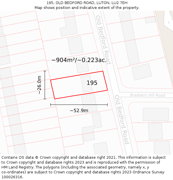 195, OLD BEDFORD ROAD, LUTON, LU2 7EH: Plot and title map