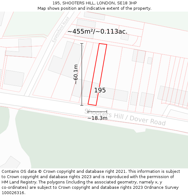 195, SHOOTERS HILL, LONDON, SE18 3HP: Plot and title map