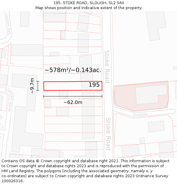 195, STOKE ROAD, SLOUGH, SL2 5AX: Plot and title map