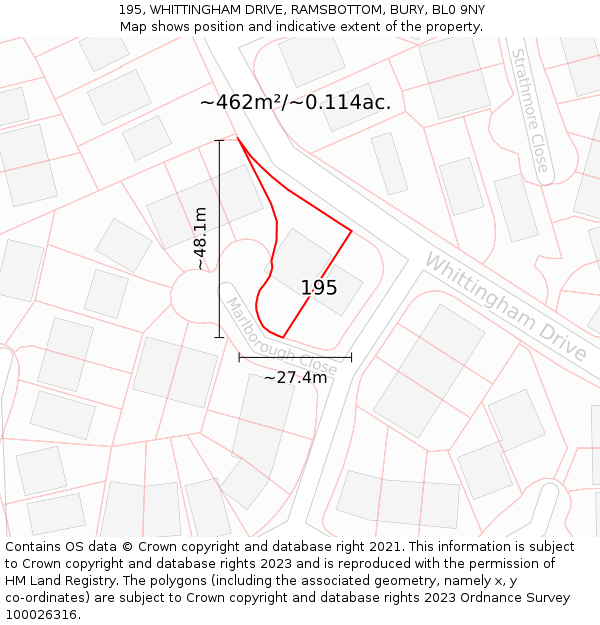 195, WHITTINGHAM DRIVE, RAMSBOTTOM, BURY, BL0 9NY: Plot and title map