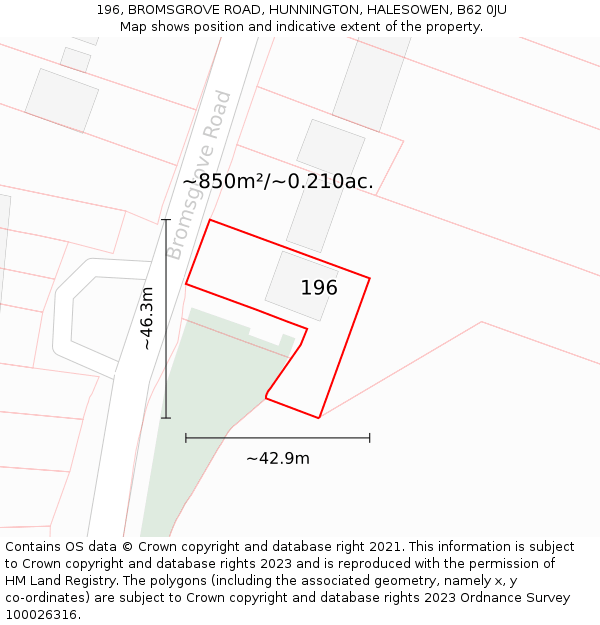 196, BROMSGROVE ROAD, HUNNINGTON, HALESOWEN, B62 0JU: Plot and title map