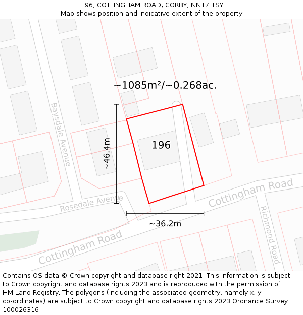 196, COTTINGHAM ROAD, CORBY, NN17 1SY: Plot and title map