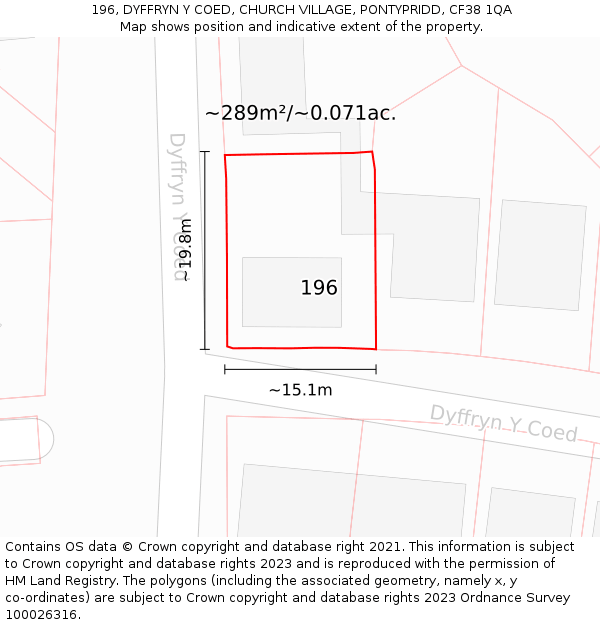 196, DYFFRYN Y COED, CHURCH VILLAGE, PONTYPRIDD, CF38 1QA: Plot and title map