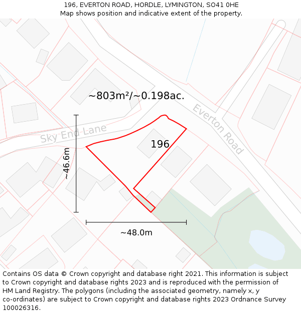 196, EVERTON ROAD, HORDLE, LYMINGTON, SO41 0HE: Plot and title map