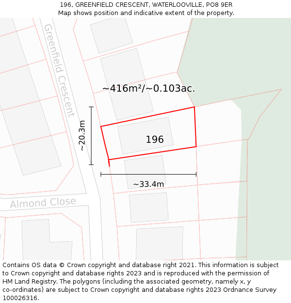 196, GREENFIELD CRESCENT, WATERLOOVILLE, PO8 9ER: Plot and title map