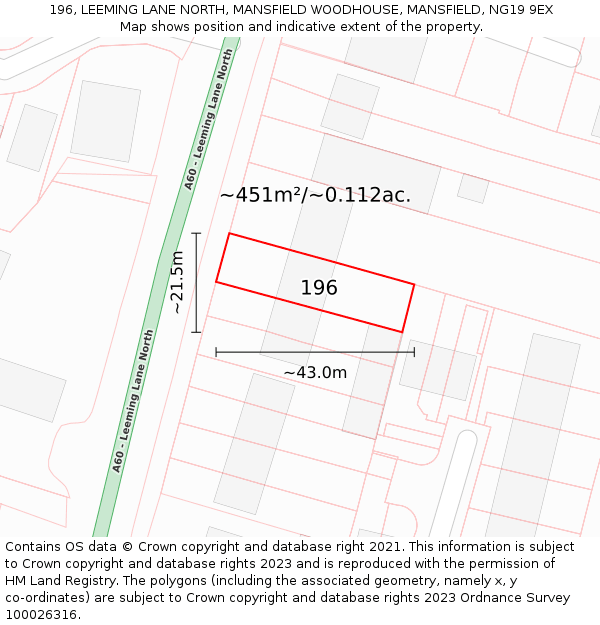 196, LEEMING LANE NORTH, MANSFIELD WOODHOUSE, MANSFIELD, NG19 9EX: Plot and title map