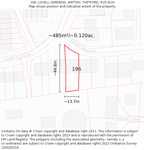 196, LOVELL GARDENS, WATTON, THETFORD, IP25 6UH: Plot and title map