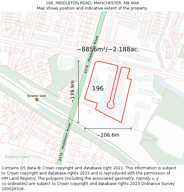 196, MIDDLETON ROAD, MANCHESTER, M8 4NA: Plot and title map