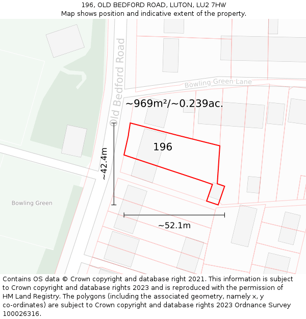 196, OLD BEDFORD ROAD, LUTON, LU2 7HW: Plot and title map